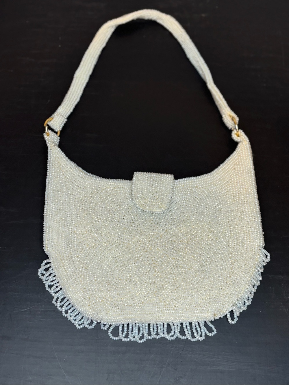 Vintage White Micro Beaded Shoulder Bag Hobo Fringed Flap Closure